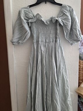 Light Sage Puff Sleeve Smocked Midi Dress